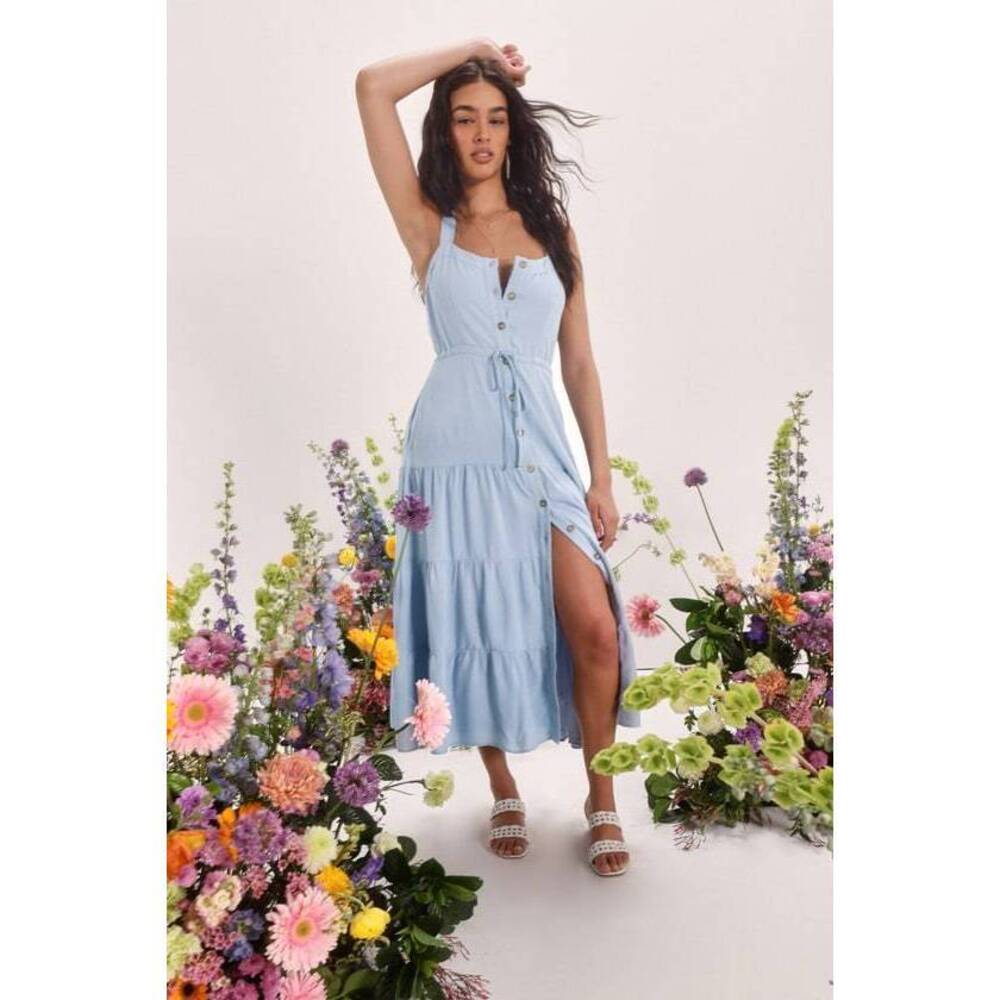 Lulus See The City Light Blue Button-front Tiered Midi Dress - Size M